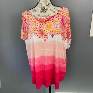 Plus size Westport lightweight colorful striped mandala patterned shirt